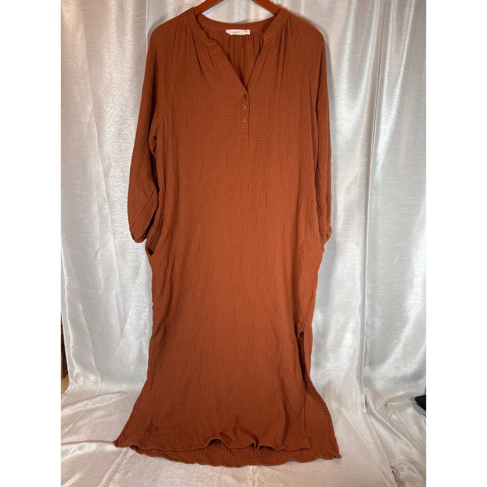 Lush Women's Gauze Midi Dress Rust Brown‎ 3/4 Sleeve V Neck Boho Casual